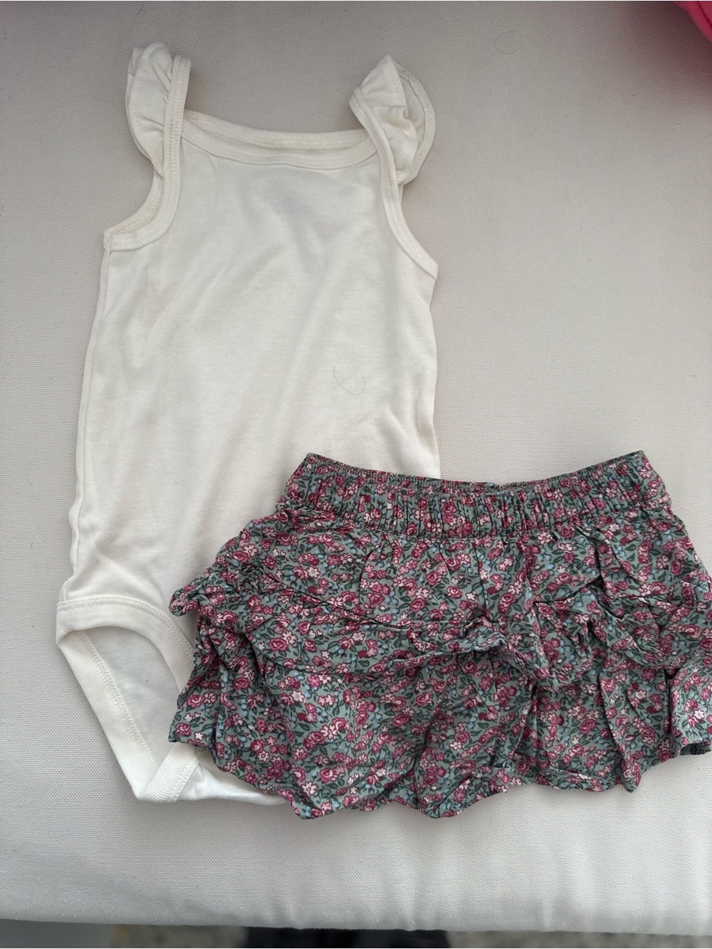 Carter's White Tank Bodysuit // Pink & Green Floral Ruffle Skirt
